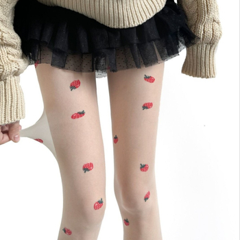 Izuzetno tanke čarape-pantyhose s džakardom od jagoda, mliječno bijele boje, prozirne i vizualno vitke za žene