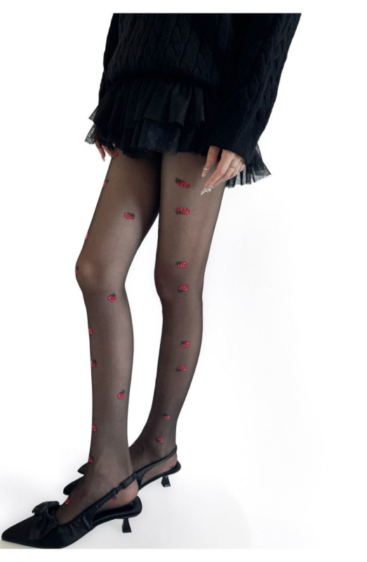 Izuzetno tanke čarape-pantyhose s džakardom od jagoda, mliječno bijele boje, prozirne i vizualno vitke za žene