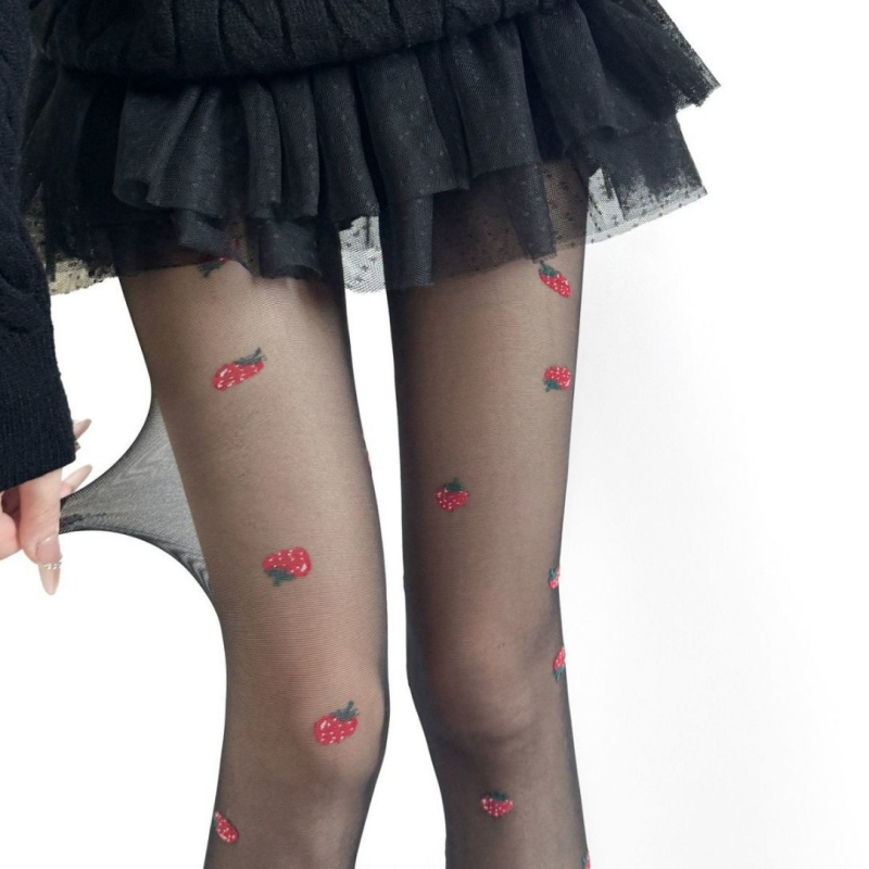 Izuzetno tanke čarape-pantyhose s džakardom od jagoda, mliječno bijele boje, prozirne i vizualno vitke za žene