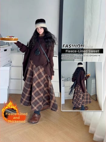 Пола за момичета с плисирана А-линейна кройка, каре принт, полиестер 90–95%, пролет 2025