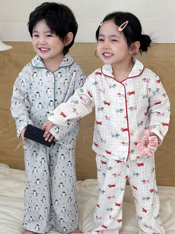 Set de pijamale din tifon de bumbac 100%, mâneci lungi, unisex, îmbrăcăminte pentru casă, dublu strat de tifon, imprimeu cu desene animate, respirabil și evacuează umezeala, stil coreean