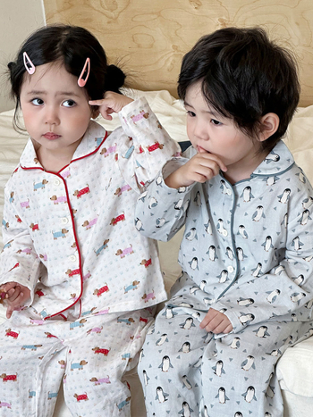 Set de pijamale din tifon de bumbac 100%, mâneci lungi, unisex, îmbrăcăminte pentru casă, dublu strat de tifon, imprimeu cu desene animate, respirabil și evacuează umezeala, stil coreean