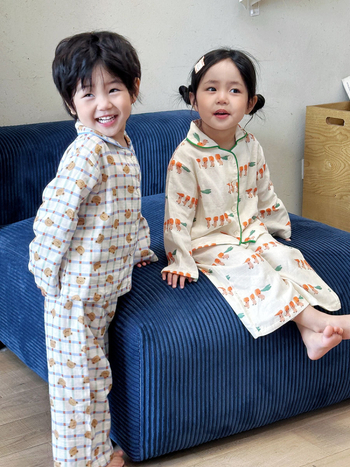 Set de pijamale din tifon de bumbac 100%, mâneci lungi, unisex, îmbrăcăminte pentru casă, dublu strat de tifon, imprimeu cu desene animate, respirabil și evacuează umezeala, stil coreean