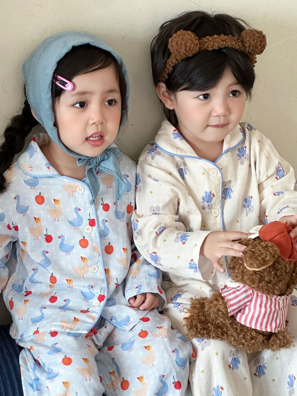 Set de pijamale din tifon de bumbac 100%, mâneci lungi, unisex, îmbrăcăminte pentru casă, dublu strat de tifon, imprimeu cu desene animate, respirabil și evacuează umezeala, stil coreean