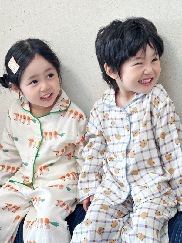 Set de pijamale din tifon de bumbac 100%, mâneci lungi, unisex, îmbrăcăminte pentru casă, dublu strat de tifon, imprimeu cu desene animate, respirabil și evacuează umezeala, stil coreean