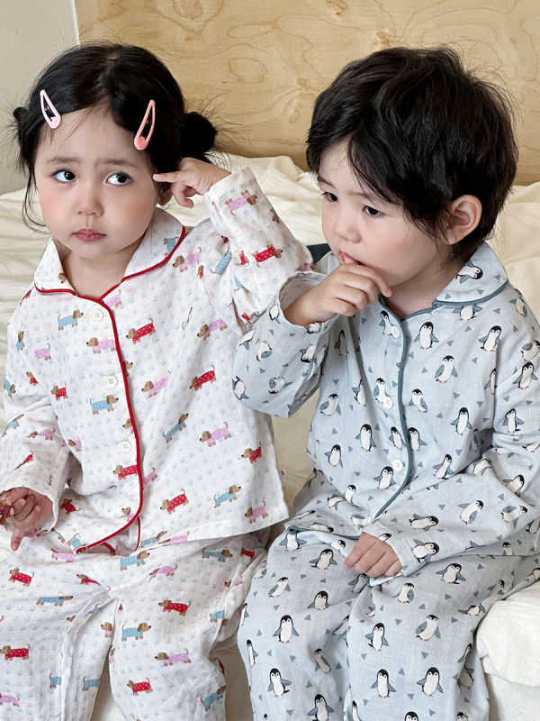 Set de pijamale din tifon de bumbac 100%, mâneci lungi, unisex, îmbrăcăminte pentru casă, dublu strat de tifon, imprimeu cu desene animate, respirabil și evacuează umezeala, stil coreean