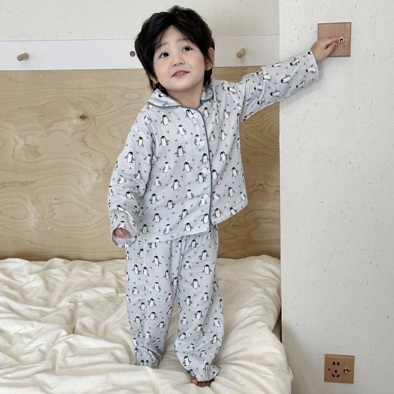 Set de pijamale din tifon de bumbac 100%, mâneci lungi, unisex, îmbrăcăminte pentru casă, dublu strat de tifon, imprimeu cu desene animate, respirabil și evacuează umezeala, stil coreean