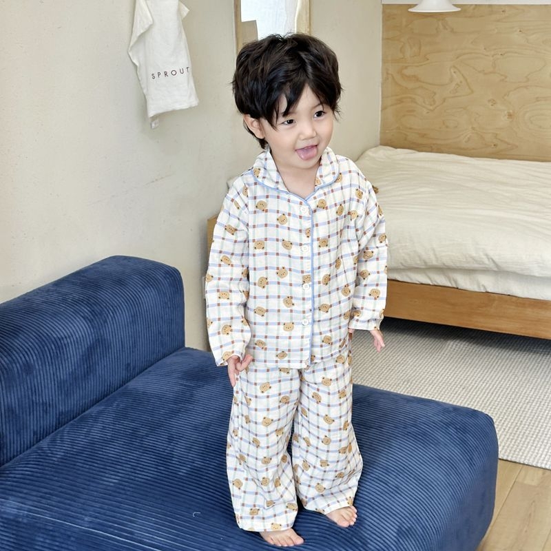 Set de pijamale din tifon de bumbac 100%, mâneci lungi, unisex, îmbrăcăminte pentru casă, dublu strat de tifon, imprimeu cu desene animate, respirabil și evacuează umezeala, stil coreean