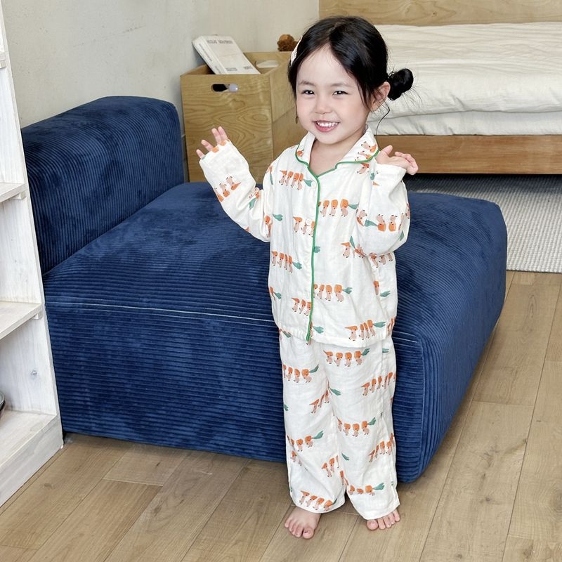 Set de pijamale din tifon de bumbac 100%, mâneci lungi, unisex, îmbrăcăminte pentru casă, dublu strat de tifon, imprimeu cu desene animate, respirabil și evacuează umezeala, stil coreean