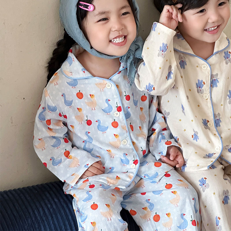 Set de pijamale din tifon de bumbac 100%, mâneci lungi, unisex, îmbrăcăminte pentru casă, dublu strat de tifon, imprimeu cu desene animate, respirabil și evacuează umezeala, stil coreean