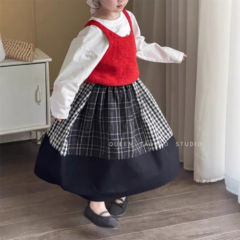 Детска пола А-линия с еластична талия, клетъчен принт, средна дължина, полиестерова материя (95%+), за деца на възраст 1–3 години