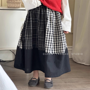 Детска пола А-линия с еластична талия, клетъчен принт, средна дължина, полиестерова материя (95%+), за деца на възраст 1–3 години