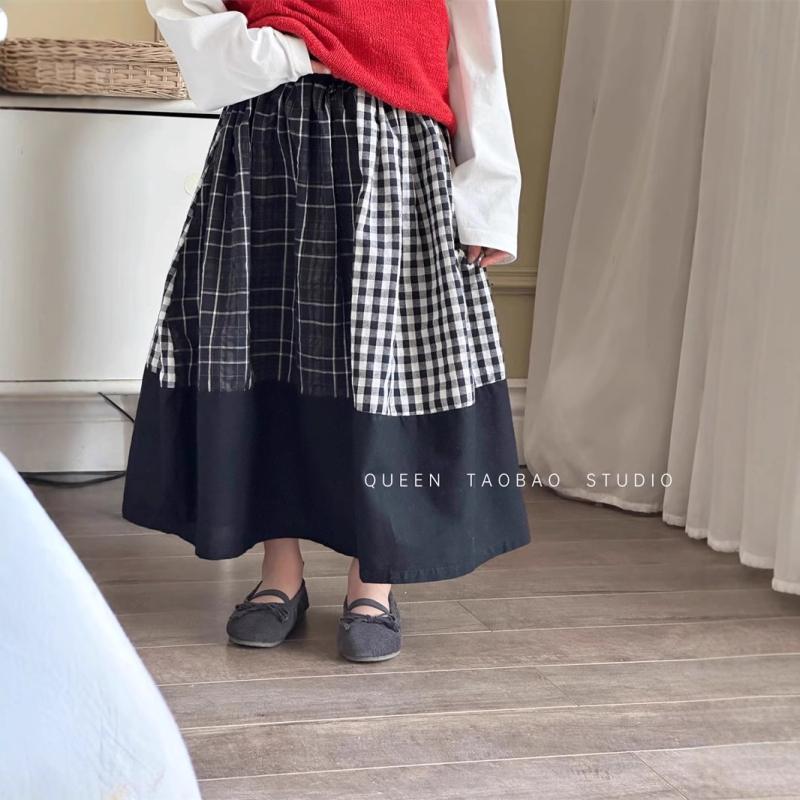 Детска пола А-линия с еластична талия, клетъчен принт, средна дължина, полиестерова материя (95%+), за деца на възраст 1–3 години