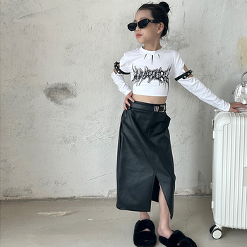 Детска PU кожена пола, А-линия, с преден прорез, есенно-зимна, корейски стил