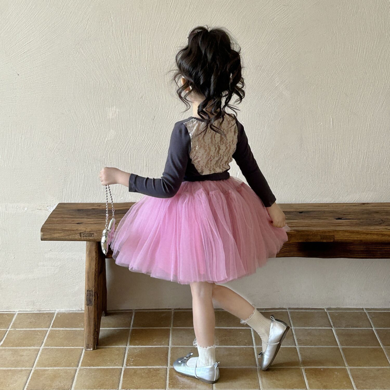 Принцес стил детска пухкава мрежеста пола, пролет 2025, полиестерна материя, 60% полиестер съдържание, за момичета