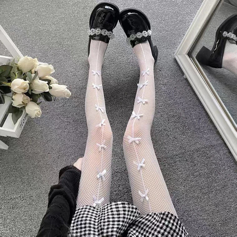 Ženske mrežaste čarape s mašnicom, tanke, bez šavova, nylon 20D (Nylon, Mašnica, 20D, Bez šavova, Prozračnost)