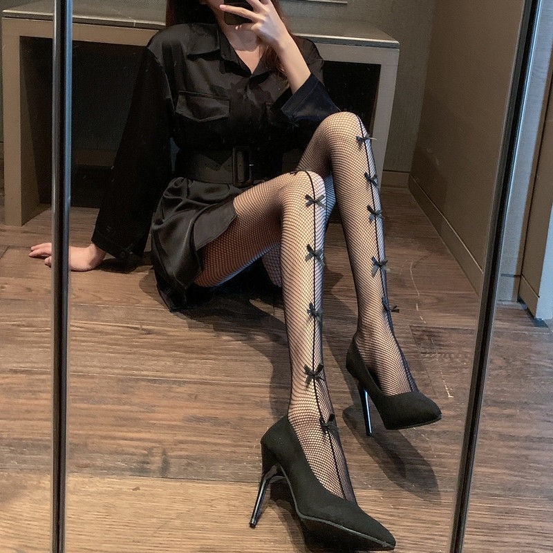 Ženske mrežaste čarape s mašnicom, tanke, bez šavova, nylon 20D (Nylon, Mašnica, 20D, Bez šavova, Prozračnost)