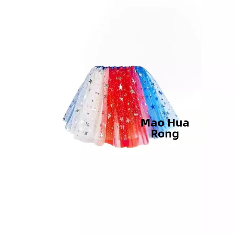 Детска пола тюл с американски флаг и звездна апликация, 3 слоя и плисиран модел, от полиестер, за възраст 3–8 години