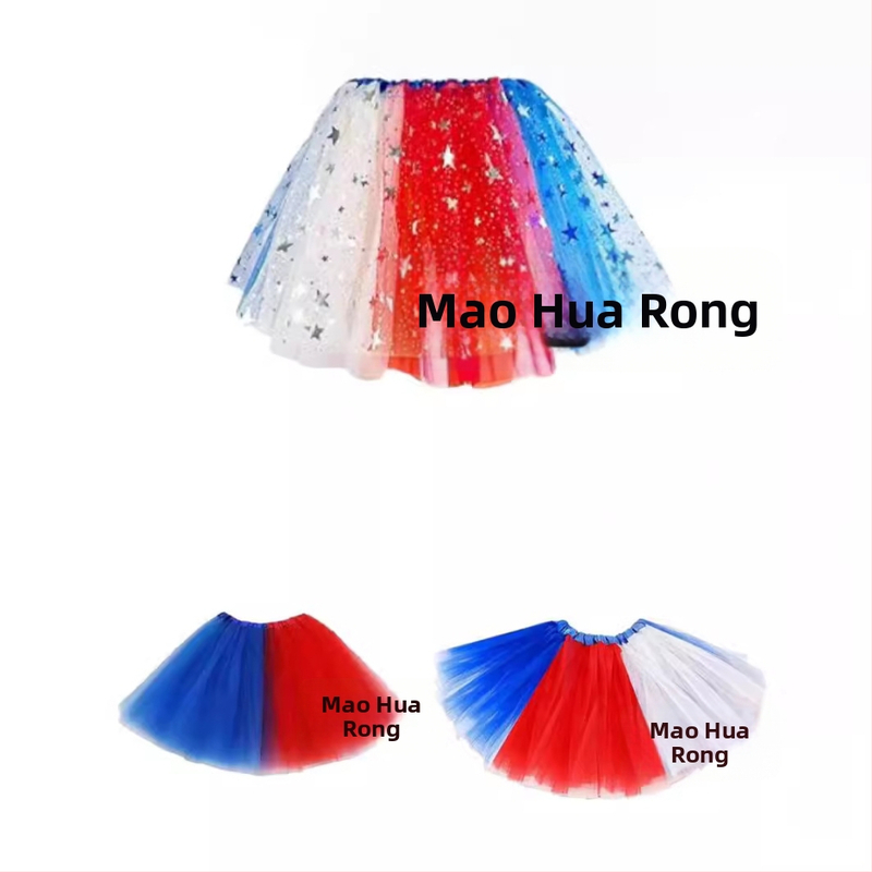 Детска пола тюл с американски флаг и звездна апликация, 3 слоя и плисиран модел, от полиестер, за възраст 3–8 години