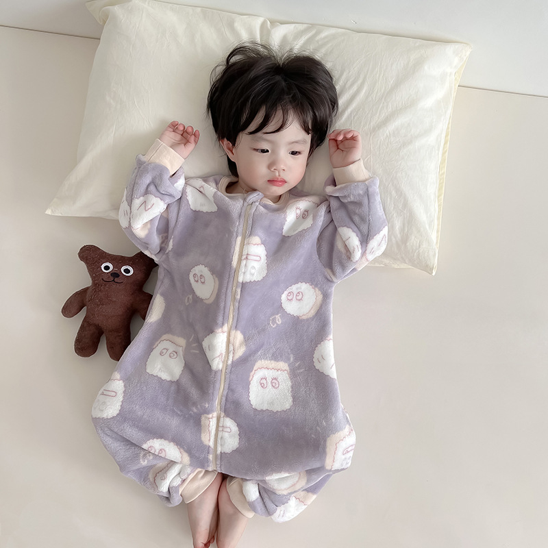 Zimski flanelni dječji onesie s motivom crtanog lika, stil spavaćeg vreća s odvojenim nogama, podstava od koralnog flisa