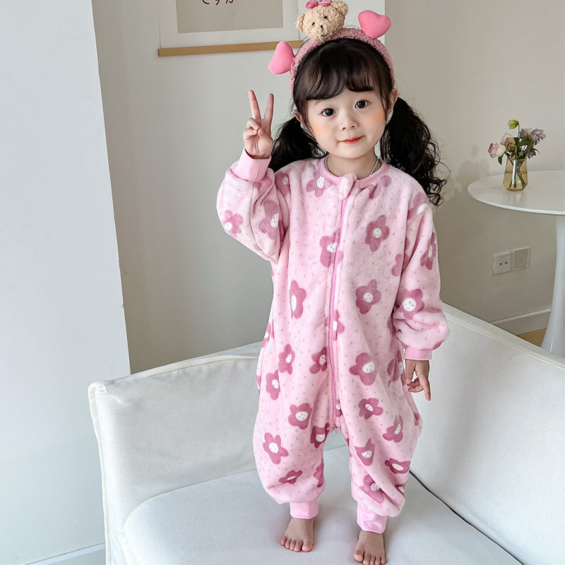 Zimski flanelni dječji onesie s motivom crtanog lika, stil spavaćeg vreća s odvojenim nogama, podstava od koralnog flisa