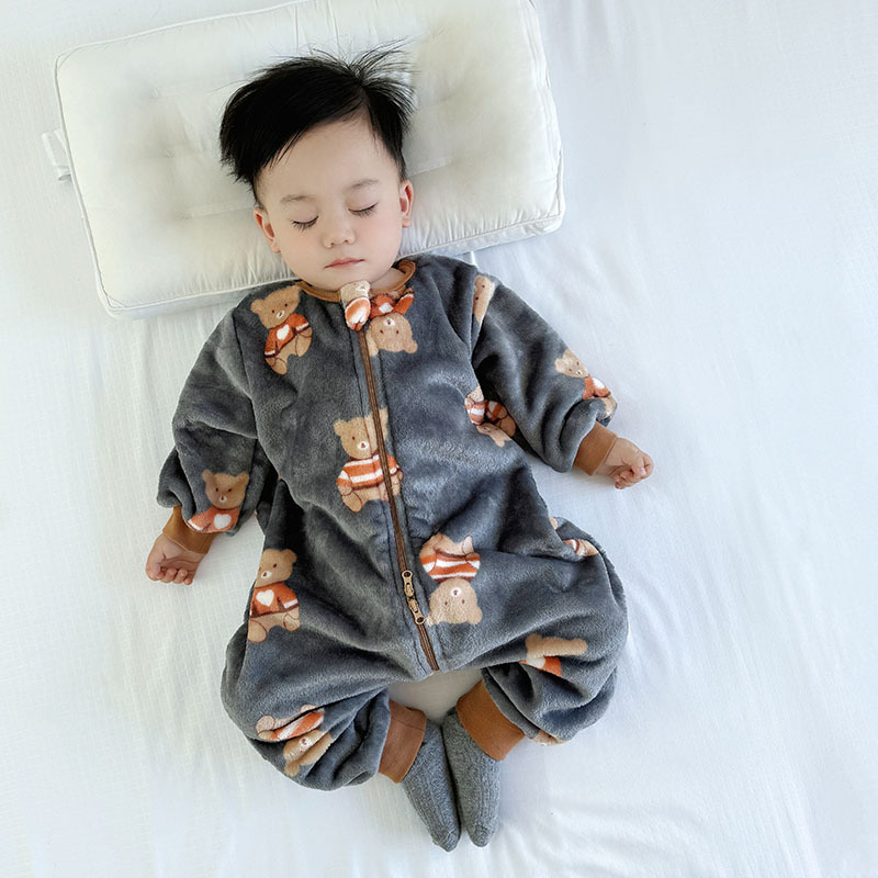 Zimski flanelni dječji onesie s motivom crtanog lika, stil spavaćeg vreća s odvojenim nogama, podstava od koralnog flisa