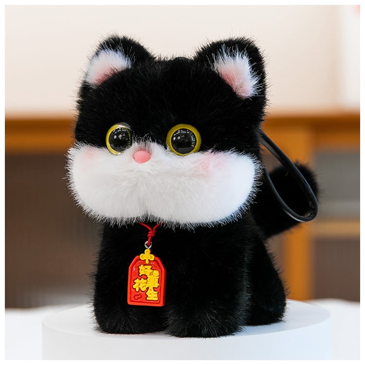 Плюшено бюро‑приятелче с ключодържател — котка, къса плюш, пълнеж PP памук, за възраст 14+