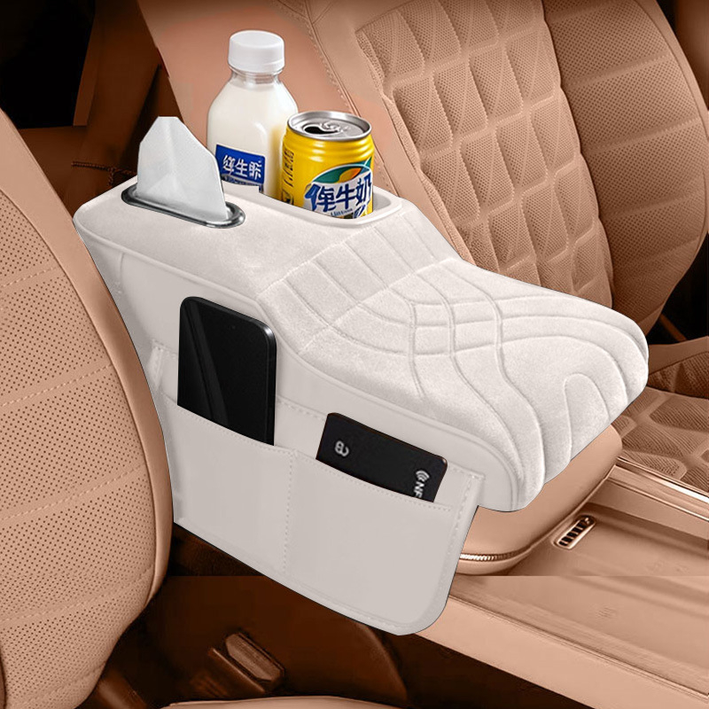 Auto naslon za ruku s podizanjem jastučićem - univerzalna koža, 380 g - kutija za maramice i držač čaše - četiri u jednom