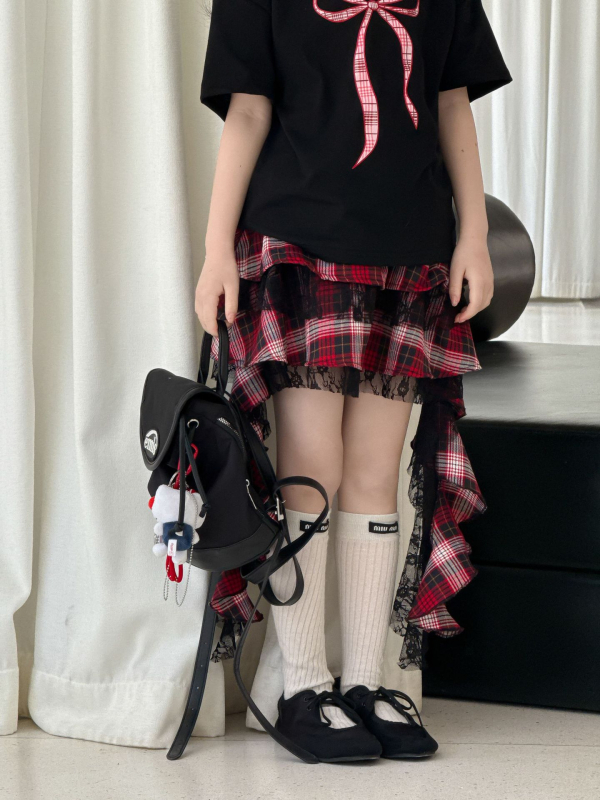 Fustă pentru fete, plisată cu dantelă, model pătrățos, bumbac 80%, pentru copii 3–8 ani, vară 2025