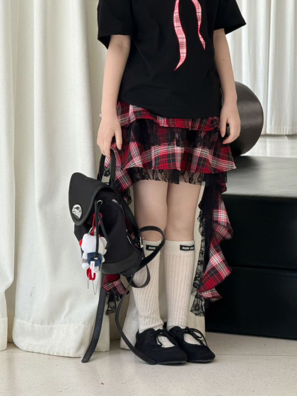 Fustă pentru fete, plisată cu dantelă, model pătrățos, bumbac 80%, pentru copii 3–8 ani, vară 2025