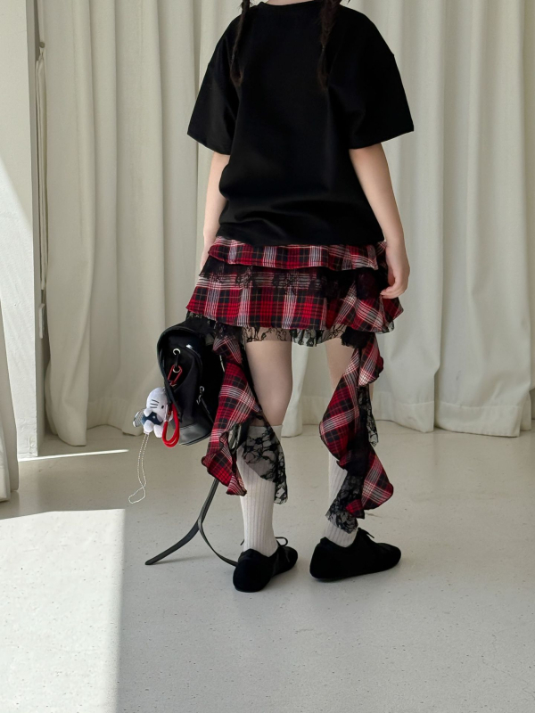 Fustă pentru fete, plisată cu dantelă, model pătrățos, bumbac 80%, pentru copii 3–8 ani, vară 2025