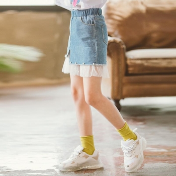 Lányoknak szóló denim szoknya, koreai stílus, 100% poliészter, 3–8 éveseknek, nyár