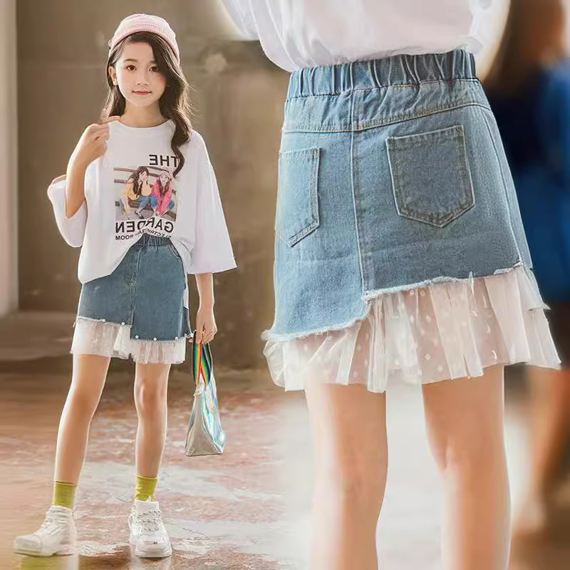 Lányoknak szóló denim szoknya, koreai stílus, 100% poliészter, 3–8 éveseknek, nyár