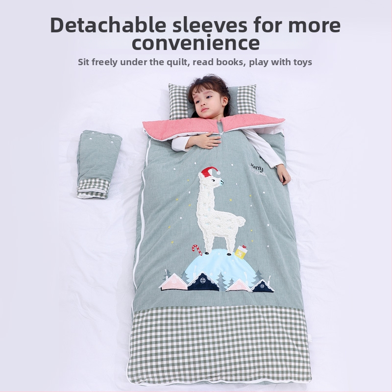 Sac de dormit pentru copii, toate sezoanele, cu mâneci detașabile, țesătură din bumbac, umplutură de bumbac, căptușeală din bumbac 100%, antibacterian și absorbant de umezeală