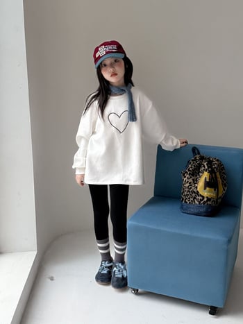 Детска рокля с дълги ръкави, качулка и корейски стил, зимна 2025, памук с начесване, модел със сърца и букви, А-линия, за деца 3–8 години