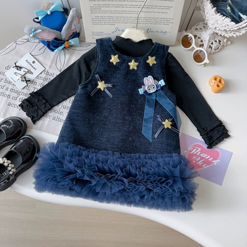 Детска тапицирана безръкав рокля с карикатурен принт зайче полицай, полиестер, плисирана пола, зима 2025