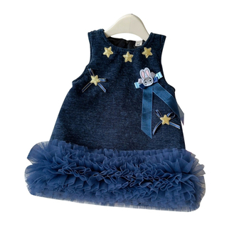 Детска тапицирана безръкав рокля с карикатурен принт зайче полицай, полиестер, плисирана пола, зима 2025