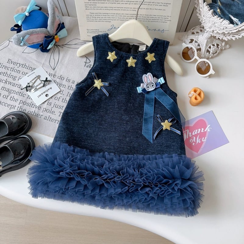 Детска тапицирана безръкав рокля с карикатурен принт зайче полицай, полиестер, плисирана пола, зима 2025