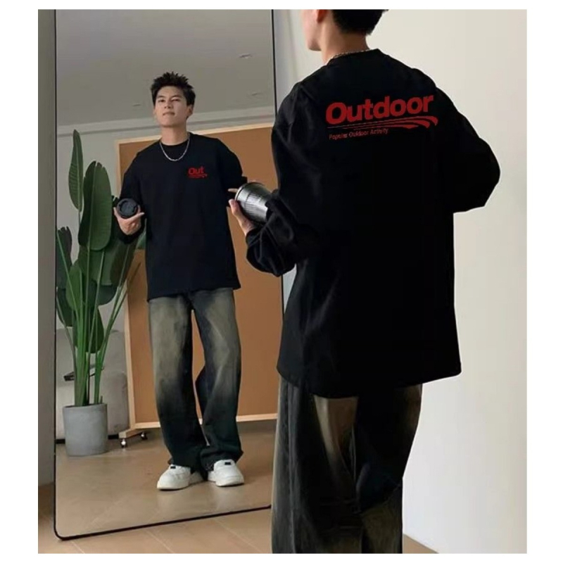 Tricou cu mânecă lungă din bumbac, imprimeu cu litere, guler rotund, croială slim