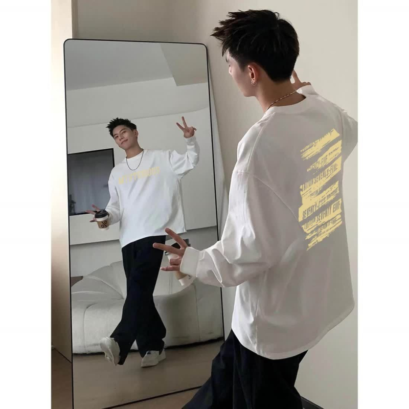 Tricou cu mânecă lungă din bumbac, imprimeu cu litere, guler rotund, croială slim