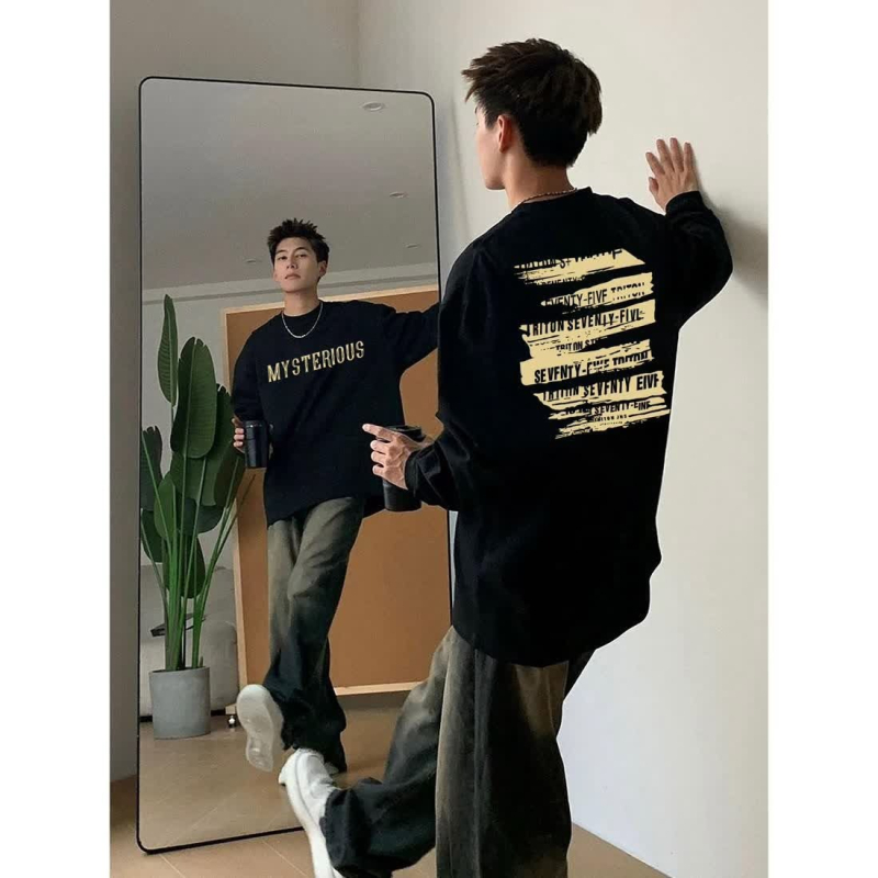 Tricou cu mânecă lungă din bumbac, imprimeu cu litere, guler rotund, croială slim