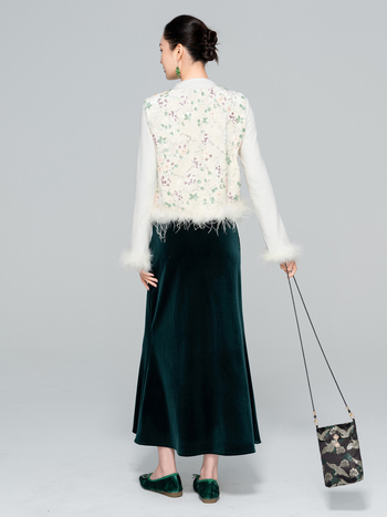 Duga suknja u silueti sirene, flokirani materijal, poliester s svilom (<30% svile), kineski stil, književni retro