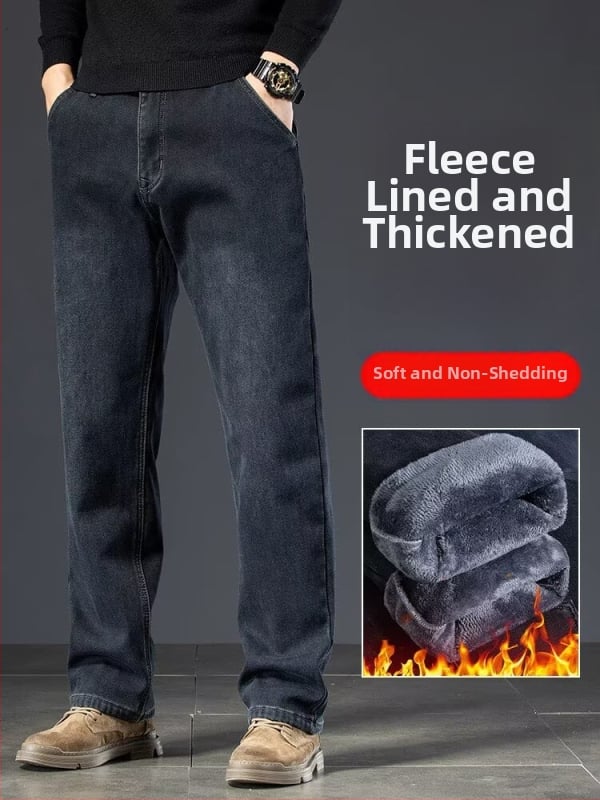 Muške traperice s flis podstavom, zimski model, visokim strukom, straight kroj, zatvarač na zip