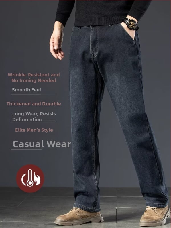 Muške traperice s flis podstavom, zimski model, visokim strukom, straight kroj, zatvarač na zip