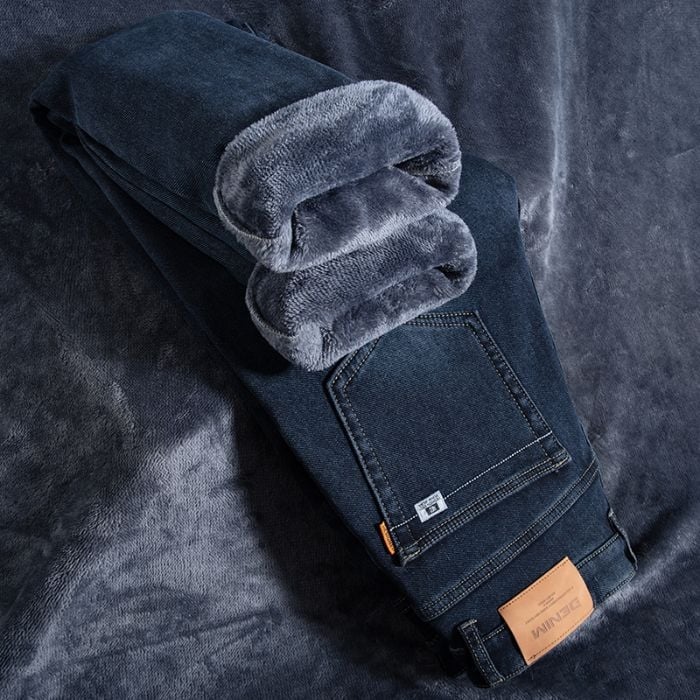 Muške traperice s flis podstavom, zimski model, visokim strukom, straight kroj, zatvarač na zip