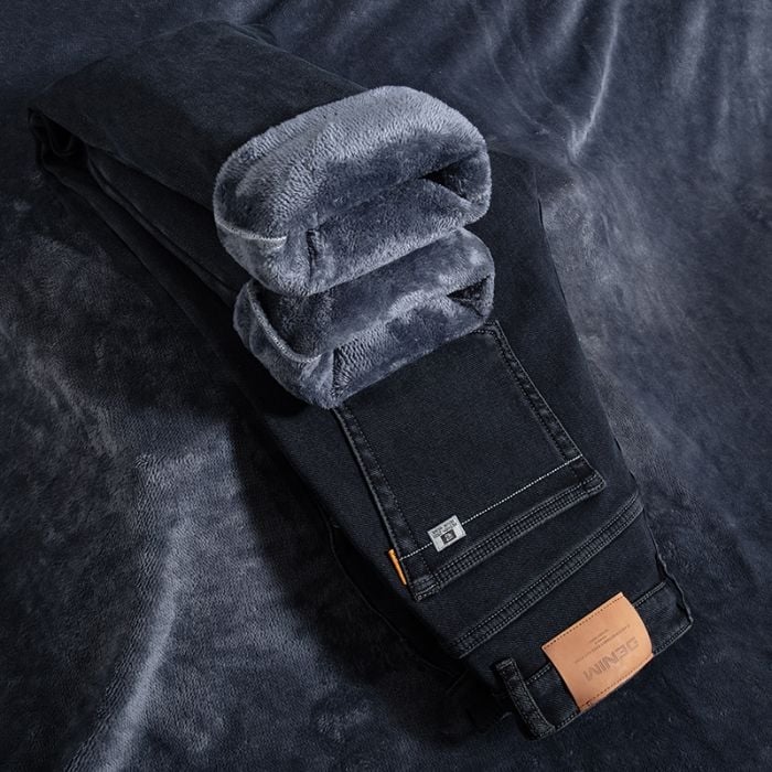 Muške traperice s flis podstavom, zimski model, visokim strukom, straight kroj, zatvarač na zip