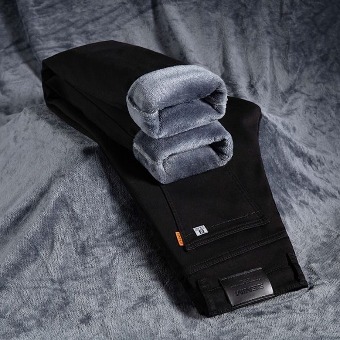 Muške traperice s flis podstavom, zimski model, visokim strukom, straight kroj, zatvarač na zip