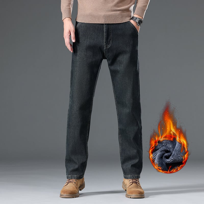 Muške traperice s flis podstavom, zimski model, visokim strukom, straight kroj, zatvarač na zip