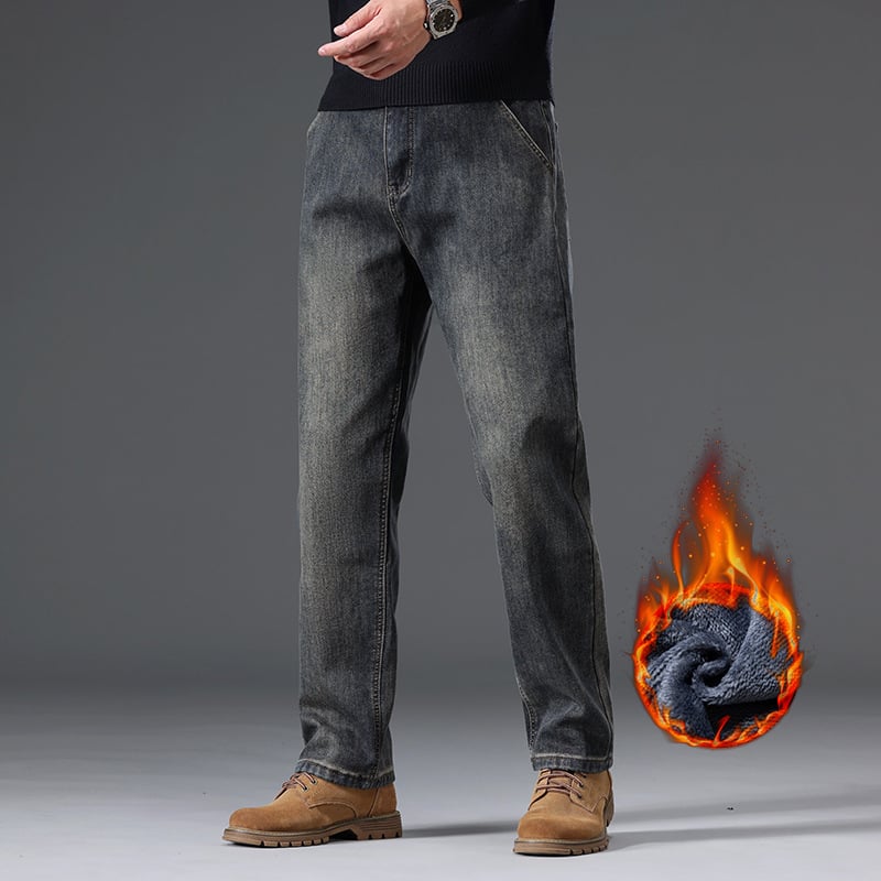 Muške traperice s flis podstavom, zimski model, visokim strukom, straight kroj, zatvarač na zip