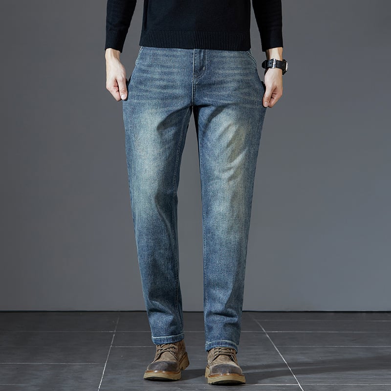 Muške traperice s flis podstavom, zimski model, visokim strukom, straight kroj, zatvarač na zip